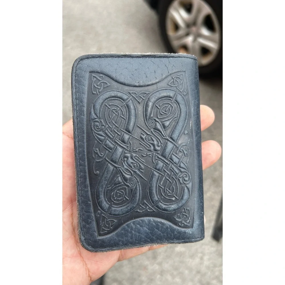 Vintage Celtic Knot Embossed Black Leather Slim Bifold Card Holder Wallet